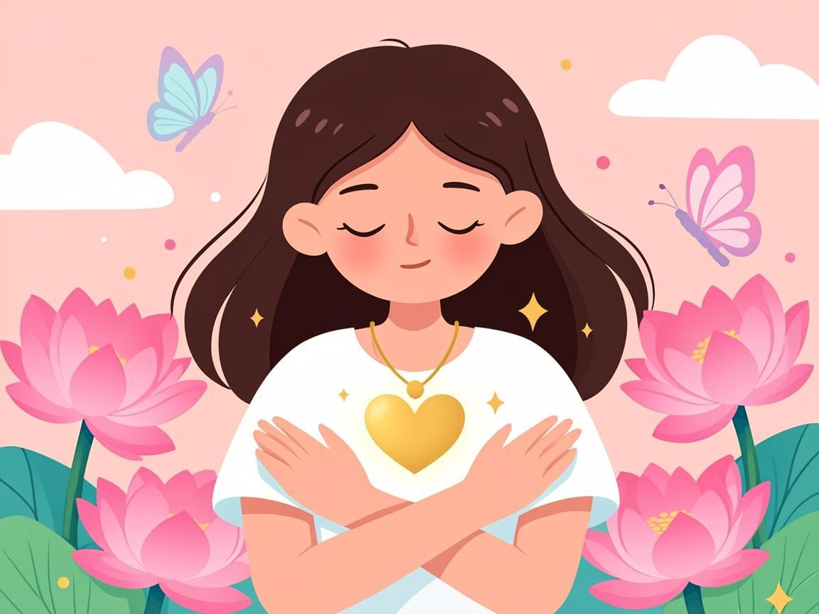 Bé gái ôm lấy mình với nụ cười bình yên giữa hoa sen hồng và bướm pastel