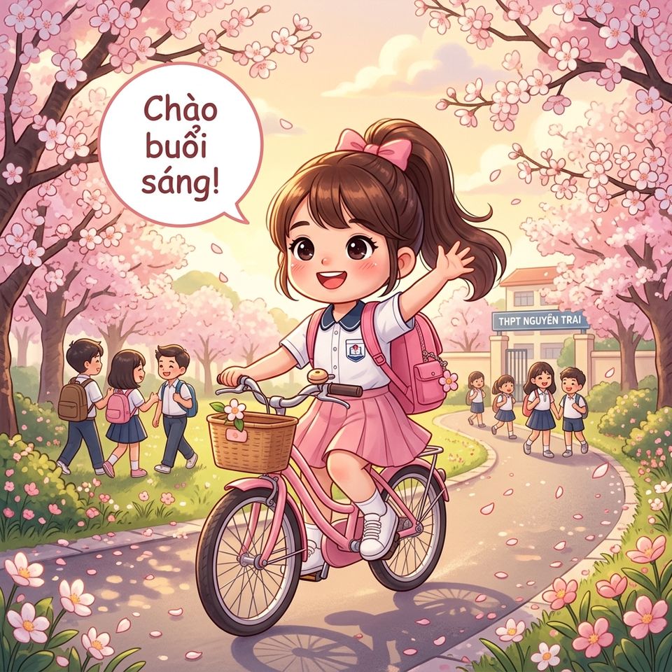Linh vui vẻ đạp xe đến trường trong nắng sớm