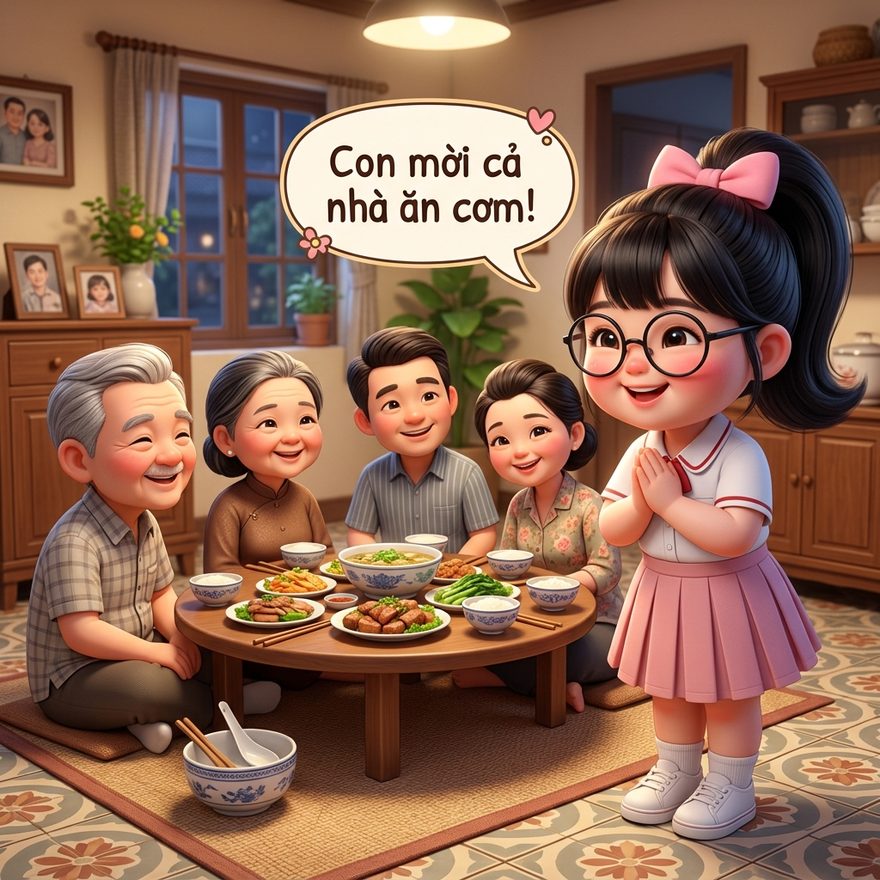 Trước bữa cơm, bé mời ông bà bố mẹ ăn trước.
