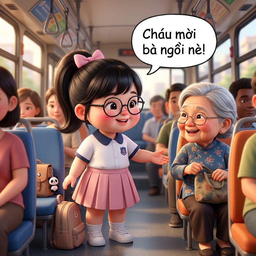 Nhường chỗ cho bà trên xe — bé hiền ai cũng thương.