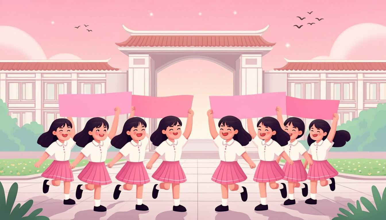 Bình minh sau cổng trường, nhóm bạn áo trắng cùng nhau bước vào ngày mới