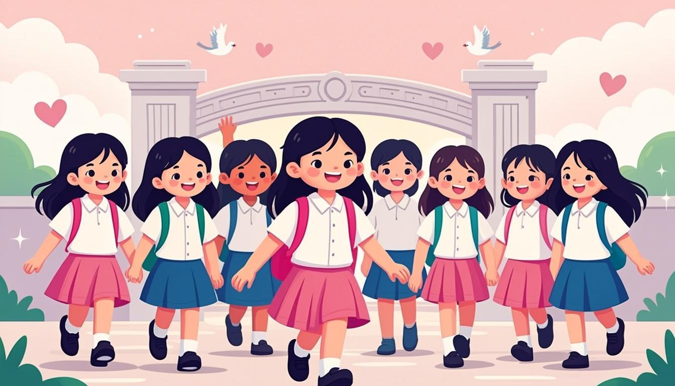 Nhóm học sinh áo trắng bước vào cổng trường dưới nắng mai