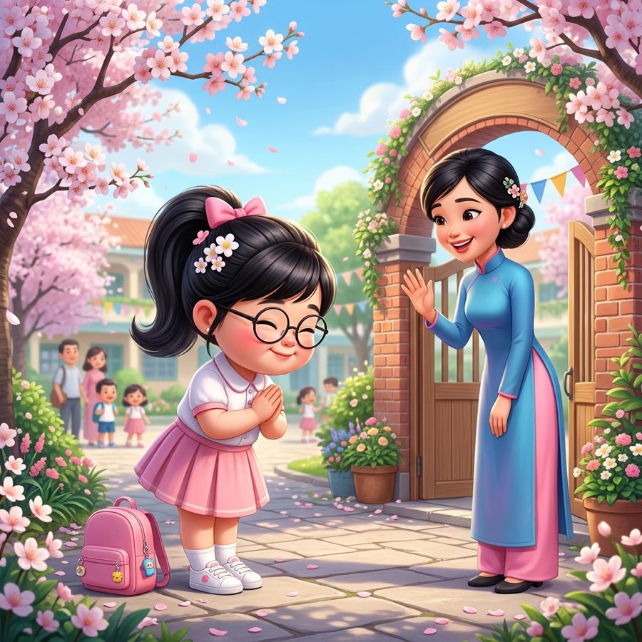 Bé chào cô giáo lễ phép trước cổng trường buổi sáng