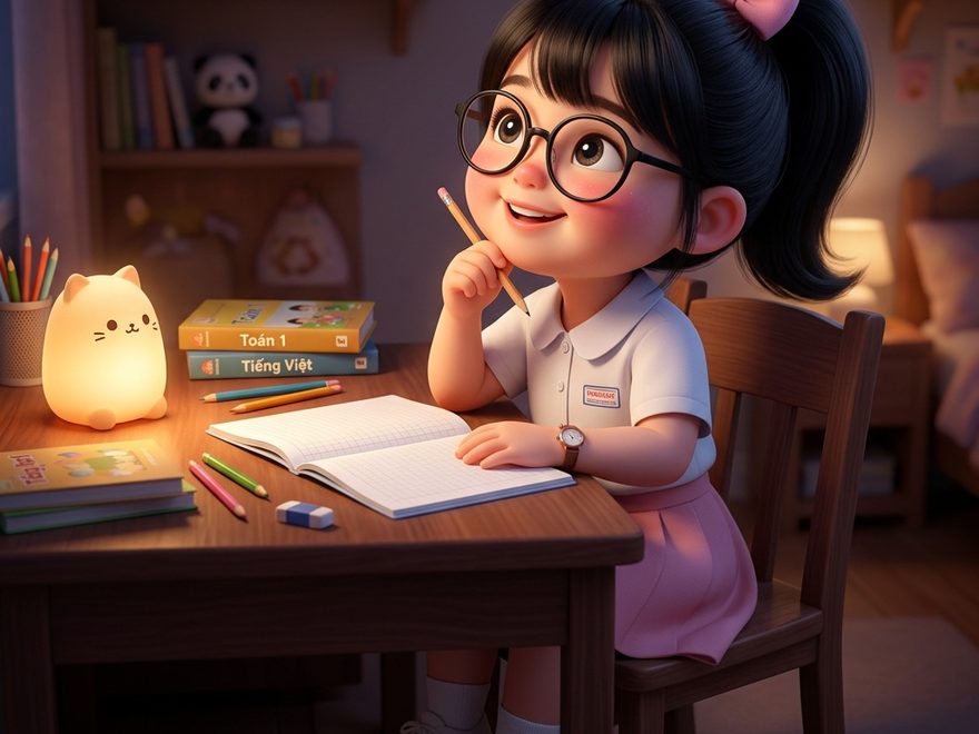 Bé viết bài văn bên bàn học có đèn mèo vàng và chồng sách