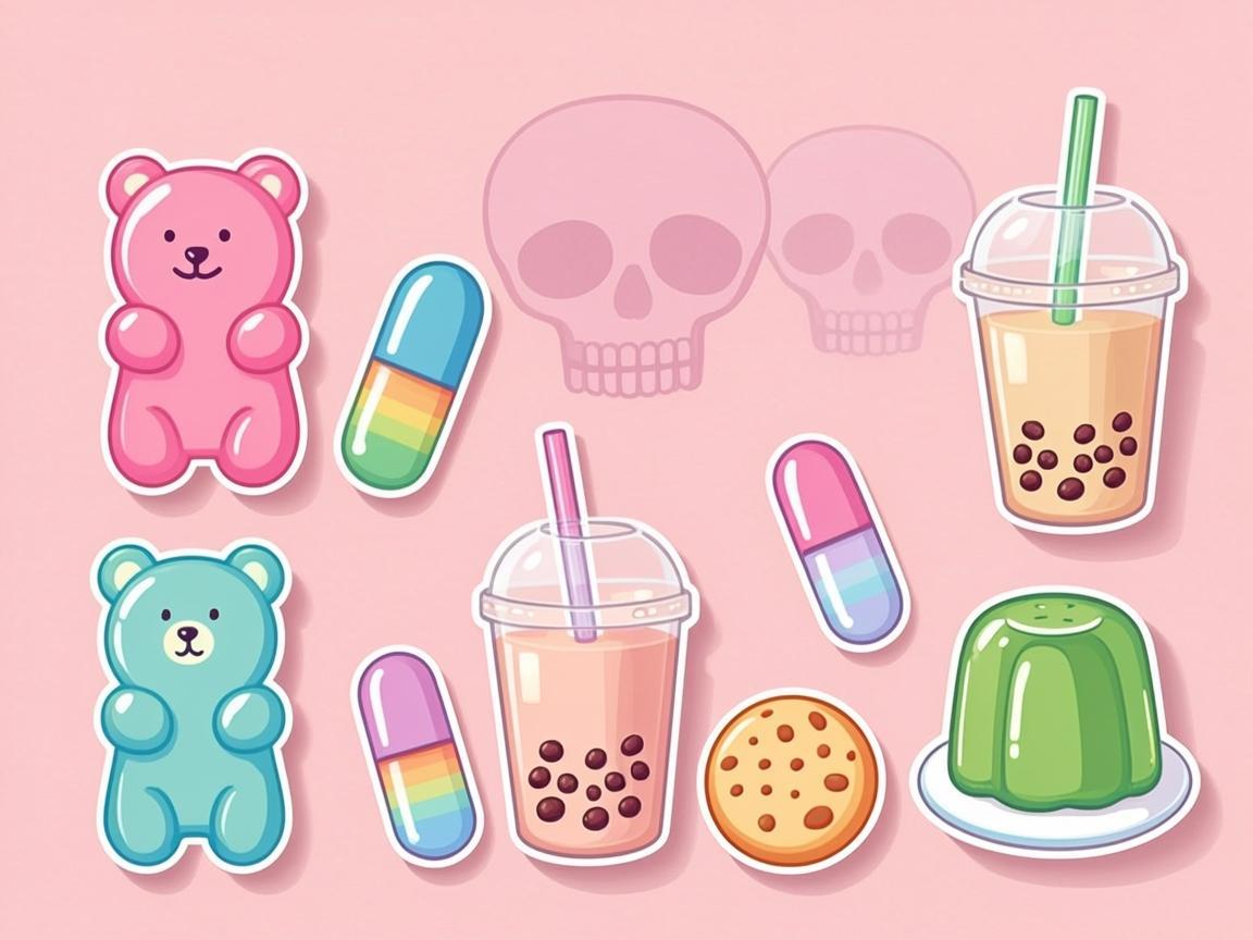 Các loại kẹo, trà sữa, vape tươi màu nhưng đổ bóng hình đầu lâu