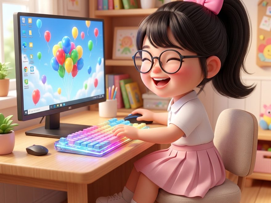 Bé cười tươi gõ bàn phím nhiều màu trước màn hình nền bóng bay
