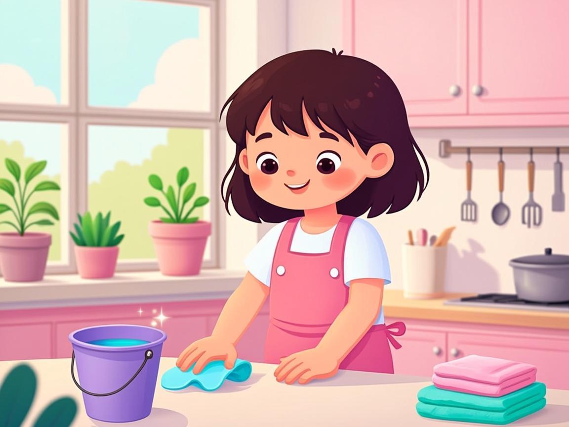 Bé gái tạp dề hồng đang lau bàn trong bếp sáng bừng nắng mai